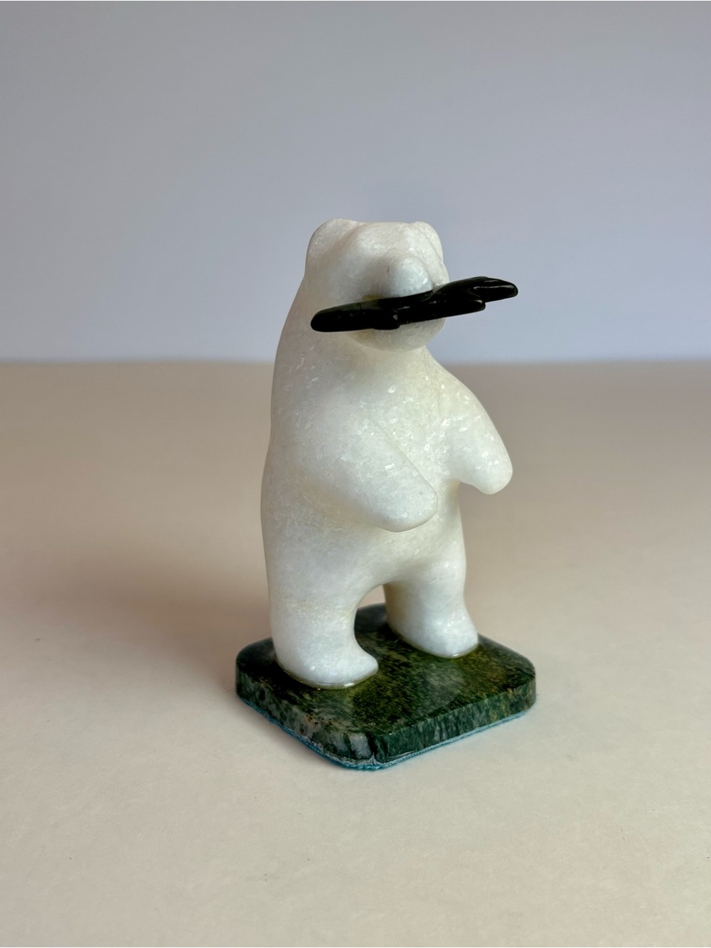 Hand Carved White Marble Polar Bear with Fish Sculpture in Wooden Box